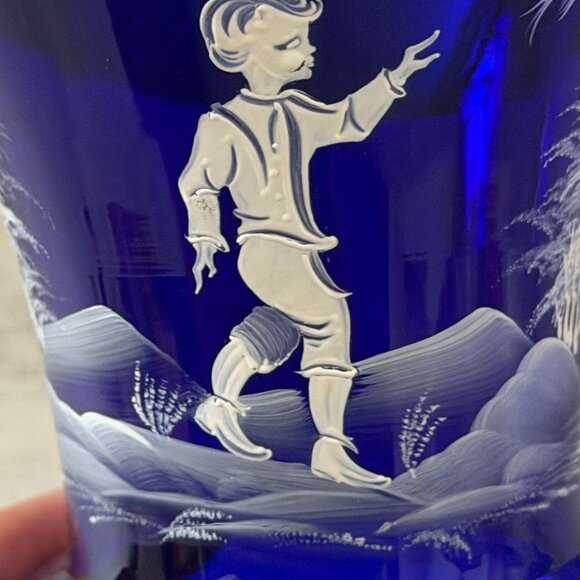 Antique Mary Gregory Cobalt Blue White Enamel Hand Painted Child Glass Vase 8" - Picture 2 of 11